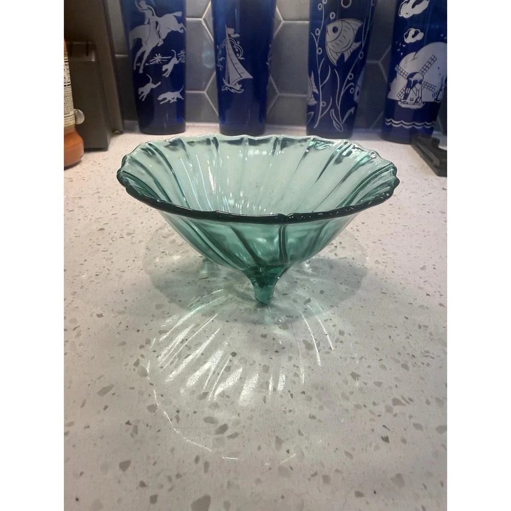 Jeannette Swirl Ultramarine Footed Candy Dish Bowl Mid Century Depression Glass